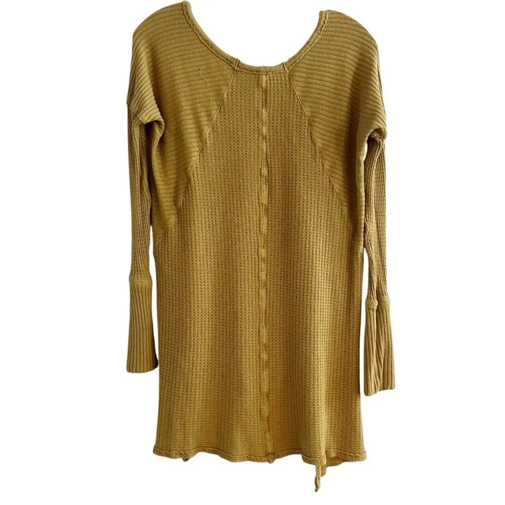 Free People Mustard Yellow Ventura Thermal Top MEDIUM Waffle Knit Long Sleeve